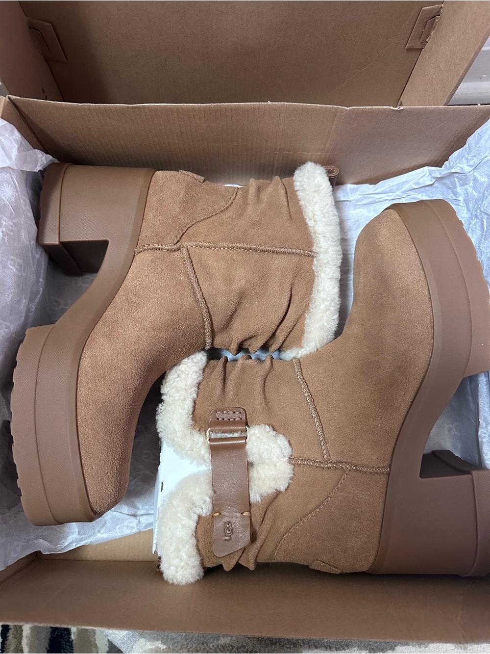 UGG Tan Suede Shearling Block Heel Ankle Boots